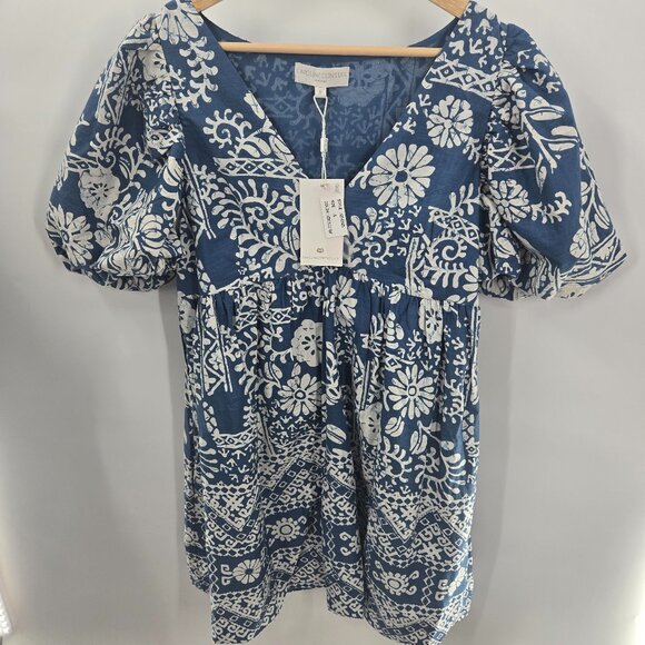 Caroline Constas Blue White Puff Sleeve Floral Aztec Geometric Lined Mini Dress - Picture 1 of 15
